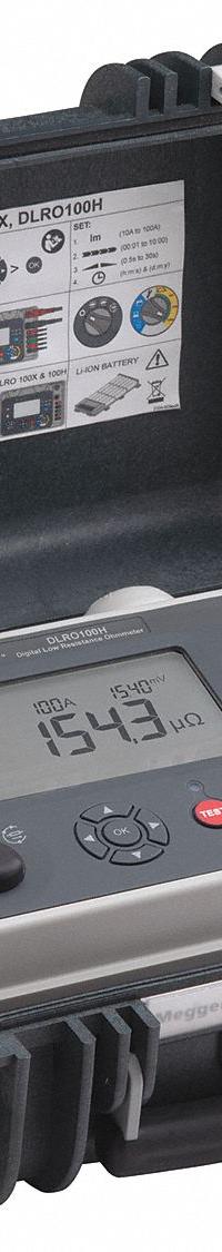 MEGGER Micro Ohmmeter: 0.1 ohm to 2 ohm, CAT IV 600V, Digital, USB, IP54, Low Resist (MPN DLRO-100XB-LG2-P3). Key specifications — Brand: MEGGER; IP Rating: IP54; CAT Safety Rating: CAT IV 600V; Tester Type: Micro Ohmmeter.