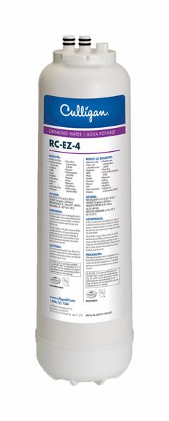 CULLIGAN Quick-Connect Water Filter: 0.5 micron Micron Rating, 500 gal Service Life - Gallons (MPN RC-EZ-4). Key specifications — Filter Media: Carbon; Reduces: Chlorine Odor.
