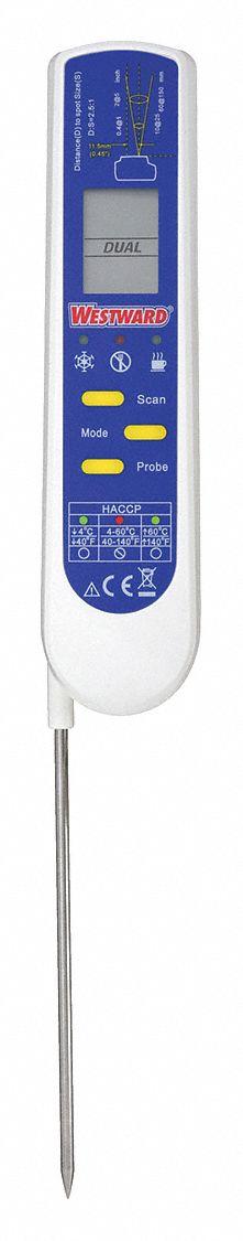 WESTWARD Infrared Thermometer: 1VEP5, Max Temp/Min Temp, Adj @ 0.10 to 1.00, Full Size Body - Infrared Thermometers with Contact Probes