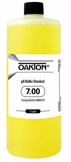 OAKTON Buffer - pH 7.00 - Yellow: ACS, 1,000 mL Volume, Liquid, pH 7.00, Plastic, Bottle, 0594242, 1. Key specifications — Brand: OAKTON; CAS Number: 123-03-5; Chemical Family Type: Solution; Chemical Grade: ACS; Concentration: pH 7.00; Container Material: Plastic; Container Type: Bottle; Form: Liquid.