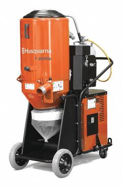 HUSQVARNA Dust Extractor: 480 V AC, 410 cfm, 3 in Hose Dia., 18 hp, HEPA, 2 Filters (MPN T8600P). Key specifications — attr118108: HEPA; attr80926: HUSQVARNA.