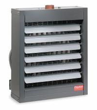 DAYTON Hydronic Wall and Ceiling Unit Heater: Steam/Water, 52,300 BtuH Output @ 200 F Water (MPN 5PV50). Key specifications — Air Flow: 1,100 cfm; Brand: DAYTON; Connection Size, Connection Type: 1-1/4 in, Threaded Female NPT; Fan Guard Type: OSHA Compliant Guard; Heating Method: Water; Overall Dimensions - H x W x D: 21-3/4 in x 18-3/8 in x 11-1/16 in.