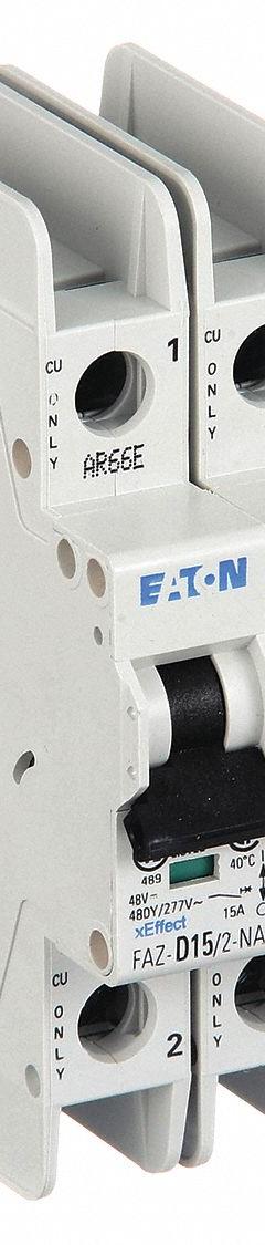 EATON IEC Miniature Circuit Breaker: 15 A Amps, 48/96V DC, 14kA at 277/480V AC, Screw Clamp, FAZ-NA (MPN FAZ-D15/2-NA). Key specifications — attr195863: 48/96V DC; attr211132: EATON; attr195864: 14kA at 277/480V AC; attr195865: Screw Clamp; attr195867: 277/480V AC.