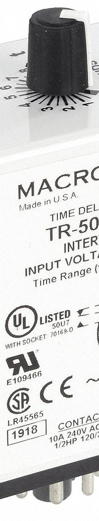 MACROMATIC Single Function Time Delay Relay: Socket Mounted, 240V AC, 10 A, 8 Pins/Terminals (MPN TR-50521-05). Key specifications — Brand: MACROMATIC.