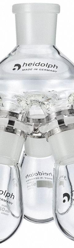 HEIDOLPH Rotary Evaporator Glassware: 50 mL, Colorless, Round, 24/40 Compatible with Stopper Size (MPN 036302750). Key specifications — Shape: Round; Body Color: Colorless; Brand: HEIDOLPH; Compatible with Stopper Size: 24/40.