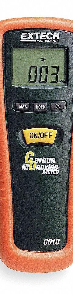 EXTECH Carbon Monoxide Detector: Data Logging, Gas Analyzers for Carbon Monoxide, Carbon Monoxide (MPN CO10). Key specifications — attr1000617: CO10; attr1000624: EXTECH; attr1000625: Not Certified; attr1000626: LCD; attr1000629: Used in Low Light Areas, Max Hold, Data Hold; attr1000630: Case; attr1000647: ±5% of Reading or ±10ppm (Whichever is Greater); attr1000648: Battery.