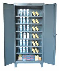 STRONG HOLD Storage Cabinet: 48 in x 24 in x 78 in, Swing Handle & Padlock Hasp, 12 ga Panel Thick (MPN 46-246PH-42VD). Key specifications — attr62698: Dark Gray; attr62736: Welded; attr87895: Legs; attr62693: Assembled; attr62737: Stationary; attr62694: Adjustable; attr62695: Baked Enamel; attr62696: Steel.