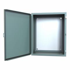 HAMMOND Electrical Enclosure: Steel, 30 in x 24 in x 16 in, NEMA 12/13, w/Panel, Solid Cover, Hinged (MPN 1418K16). Key specifications — Brand: HAMMOND; Closure Method: Clamps; Knockouts: Not Included.