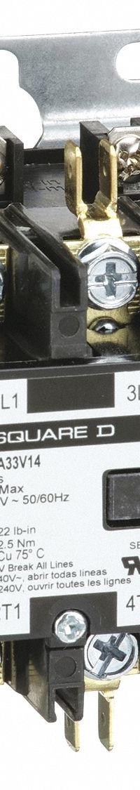 SQUARE D Definite Purpose Magnetic Contactor: 3 Poles, 24V AC, 30 A, Non-Reversing (MPN 8910DPA33V14). Key specifications — Brand: SQUARE D; Coil Voltage: 24V AC; Contactor Style: HVACR Definite Purpose Contactor; Terminal Connection Type: Quick-Disconnect Terminals; Maximum Voltage Rating: 600V AC; Series: 8910 Series Type DPA; Phase: Three; Main Pole Contact Form: 3NO.
