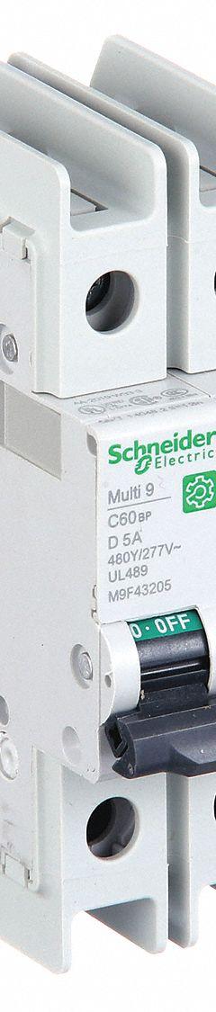 SCHNEIDER ELECTRIC IEC Miniature Circuit Breaker: 5 A Amps, 125V DC, 14kA at 120/240V AC, C60BP (MPN M9F43205). Key specifications — attr195863: 125V DC; attr211132: SCHNEIDER; attr195864: 14kA at 120/240V AC; attr195865: Screw Clamp; attr195867: 240/277/480V AC.