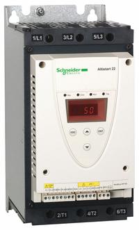SCHNEIDER Soft Start: 230-600V AC, 88 A Output Current, With Bypass, IP20, 60/50 Hz, Three Phase (MPN ATS22D88S6). Key specifications — attr1380771: 230V AC; attr1380759: ATS22D88S6.