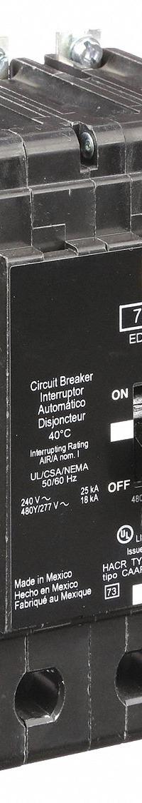 SQUARE D Miniature Circuit Breaker: 70 A, 277/480V AC, Three Phase, 18kA at 277/480V AC, 3 Poles (MPN EDB34070). Key specifications — Phase: Three; Amps: 70 A; AC Voltage Rating: 277/480V AC; Max. AIR Rating: 18kA at 277/480V AC; For Use With: Square D NF Panelboards; Brand: SQUARE D.