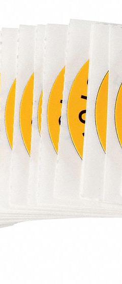 Legend Plate Label: 30 mm Panel Mounting Size, Round, 2 3/8 in Overall Dia (MPN THTEP-196-593YL). Key specifications — Brand: BRADY; Manufacturer Part Number: THTEP-196-593YL; Background Color: Yellow; Language: English; Legend: Emergency Stop; Legend Color: Black; Material: Polyester; Product Type: Legend Ring.