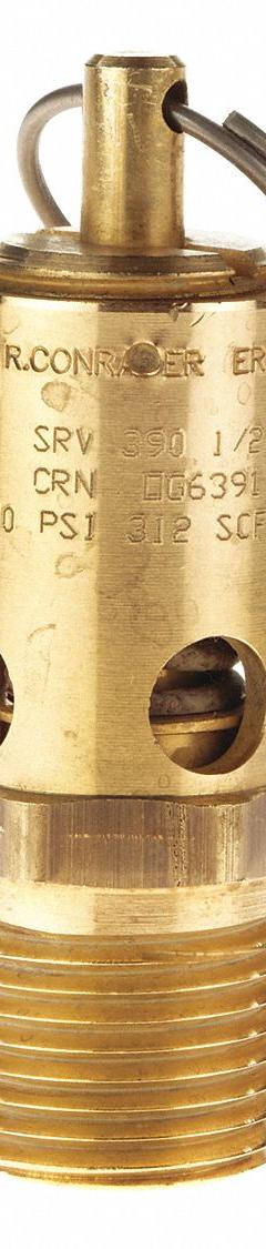 CONRADER Safety Valve: Soft Seat, 1/2 in (M)NPT Inlet (In.), 1/2 in (F)NPT Outlet (In.), Brass (MPN SRV390-12-125 SST). Key specifications — attr291993: Soft Seat; attr291998: Brass; attr292007: Silicone; attr292009: Brass; attr294753: CONRADER.