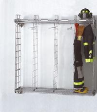GROVES Turnout Gear Storage Rack: Wall Mount, 1 Sides, 4 Compartments, Zinc Chromate, Chrome (MPN NTWM-4/18). Key specifications — Material: Zinc Chromate; Brand: GROVES; Color: Chrome.