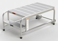 APPROVED VENDOR Mobile Work Platform: 1.7 ft Platform Ht - Max, 24 in x 42 in, Aluminum (MPN A002). Key specifications — Folding: Not Foldable; Mobility: Rolling; Use Location: Indoor; Brand: APPROVED VENDOR; Color: Silver; Height Adjustability: Fixed Height; Includes Handrails: Handrails Not Included; Locking Mechanism: No Locking Mechanism.