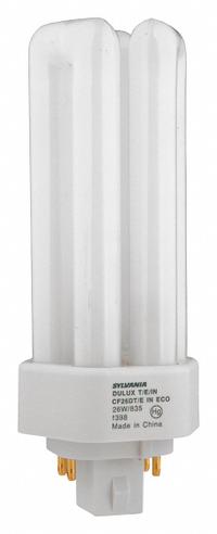 LEDVANCE/ SYLVANIA Compact Fluorescent Bulb: 4-Pin (GX24q-3), T4, Fluorescent, 4100K, 26 W Watt (MPN CF26DT/E/IN/841/ECO). Key specifications — Brand: LEDVANCE/ SYLVANIA; Bulb Designation: CF26DT/E/IN/841/ECO; Dimmable: Yes; Color Temperature: 4100K.