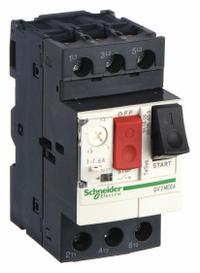 SCHNEIDER Manual Motor Starter: Non-Reversing, 3 Poles, 1.6 A, Thermal Protection, Push Button (MPN GV2ME06). Key specifications — Maximum Voltage Rating: 690V AC; Brand: SCHNEIDER; Thermal Units Required: None (Starter Includes Integrated Thermal Units); Frame Size (Width): 45mm.