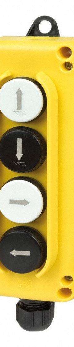 GIOVENZANA Pendant Control Station: (4) Push Buttons, 4NO, Right/Left/Up/Down, NEMA 4/4X (MPN TLP4.C). Key specifications — AC Contact Rating: 16 A @ 690 V; Action: Momentary/Momentary/Momentary/Momentary; DC Contact Rating: 2 A @ 690 V; Enclosure Material: Thermoplastic; Legend: Up/Down; Mounting Orientation: Vertical; Operator Configuration: (4) Push Buttons; Brand: GIOVENZANA.