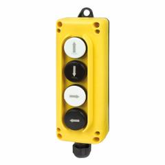 GIOVENZANA Pendant Control Station: (4) Push Buttons, 4NO, Right/Left/Up/Down, NEMA 4/4X (MPN TLP4.C). Key specifications — AC Contact Rating: 16 A @ 690 V; Action: Momentary/Momentary/Momentary/Momentary; DC Contact Rating: 2 A @ 690 V; Enclosure Material: Thermoplastic; Legend: Up/Down; Mounting Orientation: Vertical; Operator Configuration: (4) Push Buttons; Brand: GIOVENZANA.