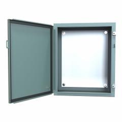 HAMMOND Electrical Enclosure: Steel, 24 in x 20 in, NEMA 12/13, w/Panel, Solid Cover, Hinged (MPN 1418E10). Key specifications — Brand: HAMMOND; Closure Method: Clamps; Knockouts: Not Included.