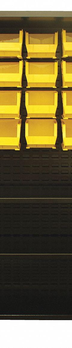 JAMCO Bin Cabinet: 48 in x 24 in 78 in, 2 Shelves, 140 Bins, Yellow, Flush, 14 ga Panel, Black (MPN DN248BL). Key specifications — Bin Color: Yellow; Bin HxWxD: (128) 3 in x 4-1/8 in x 7-1/2 in; Assembled: Assembled; Cabinet Style: Shelf and Bin; Brand: JAMCO; Cabinet Color: Black; Cabinet Finish: Powder Coated; Cabinet Material: Steel.