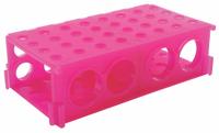 Tube Rack: 2 1/8 in Overall Wd, 3 3/4 in Overall Ht, 6 7/8 in Overall Lg, Polypropylene, Pink (MPN HS29022D). Key specifications — Material: Polypropylene; Mounting Location: Benchtop; Color: Pink; Product Type: Test Tube Rack; Total Holding Capacity: (12) 15 mL Tubes; Brand: HEATHROW SCIENTIFIC.