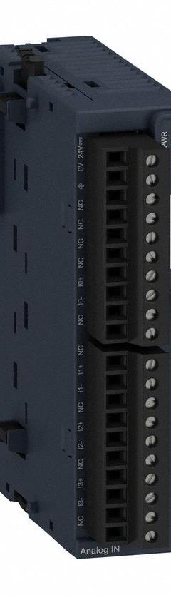 SCHNEIDER ELECTRIC Analog Input Module: (4) Analog In (MPN TM3TI4). Key specifications — Manufacturer Part Number: TM3TI4; Power Required: 24V DC; Product Type: Analog Input Module; Series: M262; Mounting Style: Panel; Number and Type of Inputs: (4) Analog.
