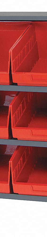 QUANTUM STORAGE SYSTEMS Bench Pick Rack: 36 in x 12 in x 27 in, 1 Usable Sides, 3 Shelves, 12 Bins (MPN QPRHA-207RD). Key specifications — Bin HxWxD: (12) 6 in x 8-3/8 in x 11-5/8 in; Frame Material: Steel; Frame Color: Gray; Bin Color: Red; Brand: QUANTUM STORAGE SYSTEMS.