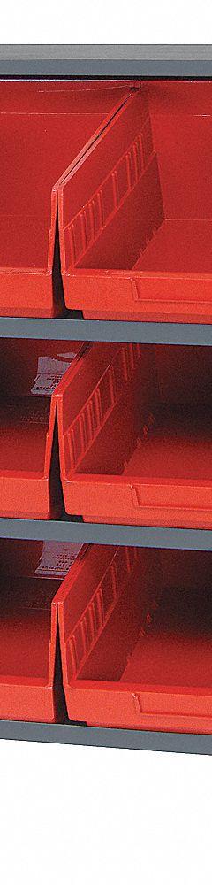 QUANTUM STORAGE SYSTEMS Bench Pick Rack: 36 in x 12 in x 27 in, 1 Usable Sides, 3 Shelves, 12 Bins (MPN QPRHA-207RD). Key specifications — Bin HxWxD: (12) 6 in x 8-3/8 in x 11-5/8 in; Frame Material: Steel; Frame Color: Gray; Bin Color: Red; Brand: QUANTUM STORAGE SYSTEMS.