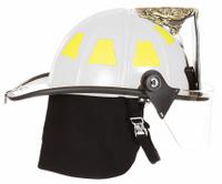 FIRE-DEX Fire Helmet: White, Fiberglass, Traditional Rear Brim, Chin Strap, 6 pt Ratchet (MPN 1910H251). Key specifications — Color: White; Chin Strap: Yes; Brand: FIRE-DEX; Shell Material: Fiberglass; Style: Traditional Rear Brim; Suspension: 6 pt Ratchet.