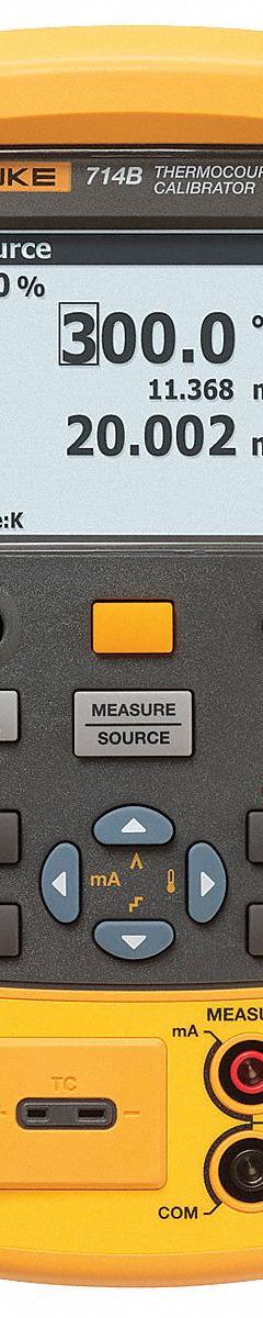 FLUKE Handheld Temperature Calibrator: -328°F to 3,272°F /-200°C to 1,800°C, -10mV to 100mV (MPN FLUKE-714B). Key specifications — Brand: FLUKE; For RTD Type: Pt 500 (385); Parameters Measured: Current.