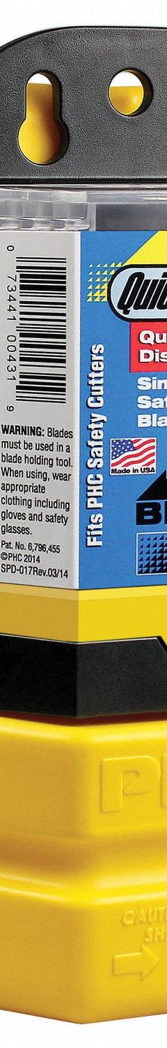 PACIFIC HANDY CUTTER, INC Blade Dispenser Kit: Blade Bank, Approximately (750) Utility Blades (MPN BB5017KIT). Key specifications — attr307480: Yellow; attr307478: Plastic; attr307477: Approximately (750) Utility Blades; attr307479: Post Mount; attr307476: Blade Bank; attr324880: PACIFIC HANDY CUTTER, INC.