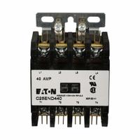 EATON Definite Purpose Magnetic Contactor: 4 Poles, 120V AC, 30 A, Non-Reversing (MPN C25END430A). Key specifications — Brand: EATON; Coil Voltage: 110-120V AC; Contactor Style: HVACR Definite Purpose Contactor; Frame Size: E; Terminal Connection Type: Quick-Disconnect Terminals; Maximum Voltage Rating: 690V AC; Series: C25 Series; Phase: Three.
