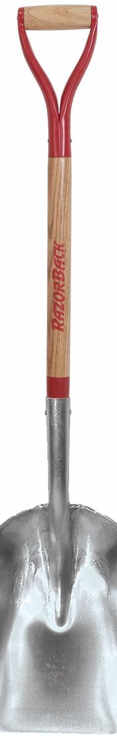 RAZOR-BACK Scoop Shovel: 0 Ribs, Aluminum, #2 Blade Size, 11 in Blade Wd, 13 1/2 in Blade Lg, D-Grip (MPN 50154). Key specifications — attr979006: Aluminum; attr979013: Hardwood; attr979016: Scoop Shovel; attr987921: #2; attr979009: RAZOR-BACK; attr979010: Natural.