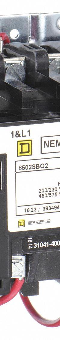 SQUARE D NEMA Magnetic Contactor: Non-Reversing, 3 Poles, NEMA Size 0, 18 A, 208V AC (MPN 8502SBO2V08). Key specifications — Brand: SQUARE D.