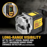 DEWALT Line Laser: Green Beam, 3 Planes, 100 - 200 ft Range w/o detector, ±1/8 in @ 33 ft Accuracy (MPN DCLE14301G). Key specifications — attr935979: AA; attr934757: DEWALT; attr936112: ±1/8 in @ 33 ft; attr936114: Pendulum Self-Leveling; attr935981: Power Adapter.