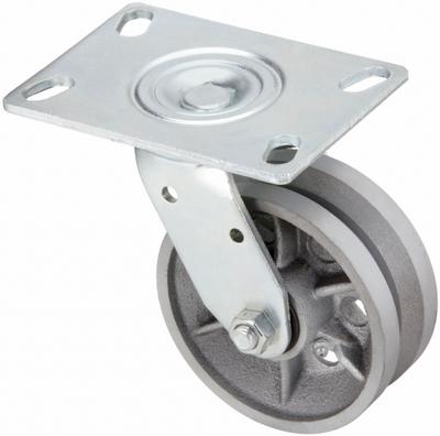 APPROVED VENDOR Plate Caster: Swivel, Iron, 5 in Wheel Dia, 2 in Wheel Wd - V-Groove Track-Wheel Plate Casters