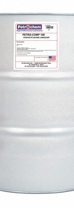 PETROCHEM Compressor Oil: 55 gal, Drum, 30 SAE Grade, 100 ISO Viscosity Grade, 68 Viscosity Index (MPN PETRO-COMP 100-055). Key specifications — attr59744: 68; attr59746: 100; attr59736: No; attr59735: Drum; attr59738: Petro-Comp; attr59749: 30.