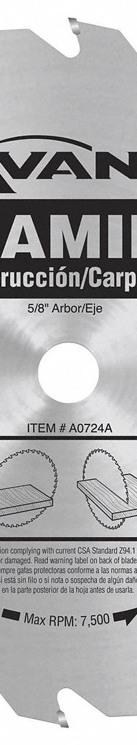 DIABLO Circular Saw Blade: 7 1/4 in Blade Dia., 24 Teeth, 0.1 in Cut Wd, 5/8 in Arbor Size, Framing (MPN A0724A). Key specifications — attr1116119: DIABLO; attr1145631: Wood.