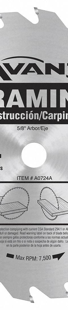 DIABLO Circular Saw Blade: 7 1/4 in Blade Dia., 24 Teeth, 0.1 in Cut Wd, 5/8 in Arbor Size, Framing (MPN A0724A). Key specifications — attr1116119: DIABLO; attr1145631: Wood.