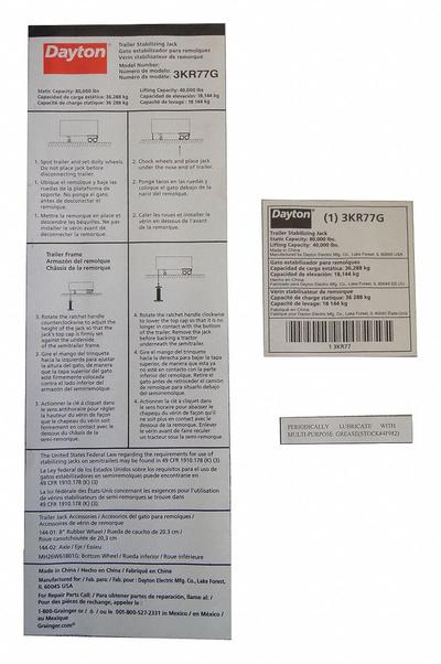 Dayton Instruction Label: MH3KR7701G. Key specifications — Manufacturer Part Number: MH3KR7701G. - Warning Labels for Hoists