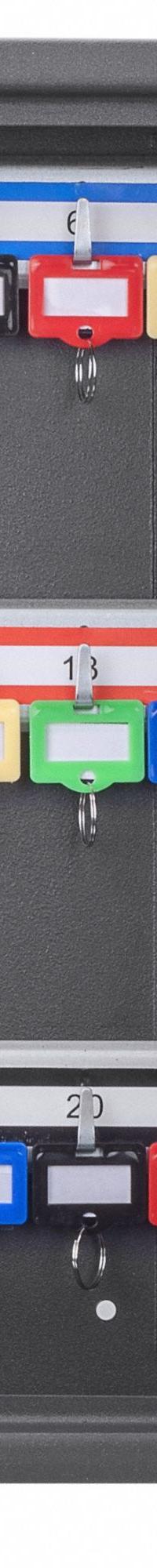 Key Box: 42 Key Capacity, Single Key Lock, Steel, Black, 13 3/4 in Ht, 10 5/8 in Wd, 3 1/8 in Dp (MPN CB13232). Key specifications — Brand: BARSKA; Finish: Matte; Includes Key Tags: Includes Key Tags; Includes Mounting Hardware: Mounting Hardware Included; Color: Black; Mounting Location: Wall; Material: Steel.