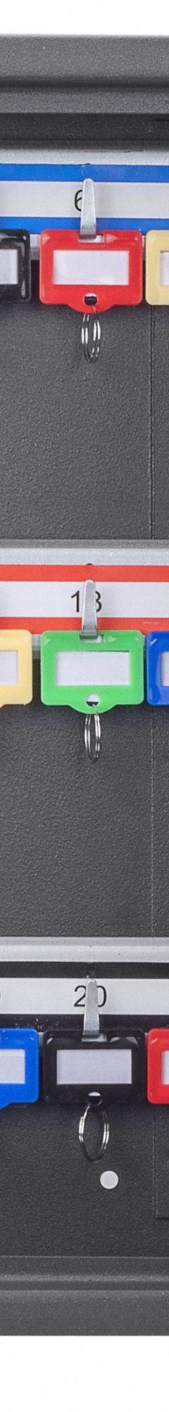 Key Box: 42 Key Capacity, Single Key Lock, Steel, Black, 13 3/4 in Ht, 10 5/8 in Wd, 3 1/8 in Dp (MPN CB13232). Key specifications — Brand: BARSKA; Finish: Matte; Includes Key Tags: Includes Key Tags; Includes Mounting Hardware: Mounting Hardware Included; Color: Black; Mounting Location: Wall; Material: Steel.