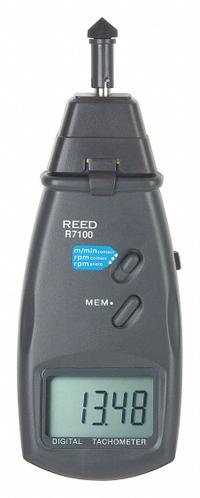 REED INSTRUMENTS Laser Tachometer: +/-0.05% of Reading +1 Digit RPM Accuracy, 0.1 RPM, LCD (MPN R7100). Key specifications — Includes: Wheel Adapter; Brand: REED INSTRUMENTS; Digital Display Screen Type: LCD; RPM Accuracy: +/-0.05% of Reading +1 Digit; RPM Resolution: 0.1 RPM; Calibration Certificate: Not Included.