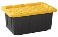 DURABILT Storage Tote: 15 gal, 26 in x 17 3/4 in x 12 1/4 in, Black Body, Yellow Lid, 10 to 20 gal (MPN 4415GRBKYL.06). Key specifications — Material: Plastic; Edge/Corner Design: Rounded; Body Color: Black; Lid Color: Yellow; Brand: DURABILT; NSF Certified: Not NSF Certified; Nestable: Nesting Capable.
