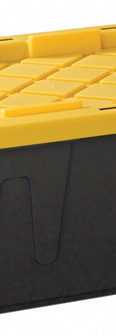 DURABILT Storage Tote: 15 gal, 26 in x 17 3/4 in x 12 1/4 in, Black Body, Yellow Lid, 10 to 20 gal (MPN 4415GRBKYL.06). Key specifications — Material: Plastic; Edge/Corner Design: Rounded; Body Color: Black; Lid Color: Yellow; Brand: DURABILT; NSF Certified: Not NSF Certified; Nestable: Nesting Capable.