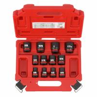 MILWAUKEE Impact Socket Set: 1/2 in Drive Size, Small Set (0-50 pieces) Set Size, 12 Pieces, 0, SAE (MPN 49-66-7010). Key specifications — attr1204251: MILWAUKEE; attr1215453: 1/2 in; attr1215454: 3/8 in to 1-1/16 in; attr1224229: Friction.