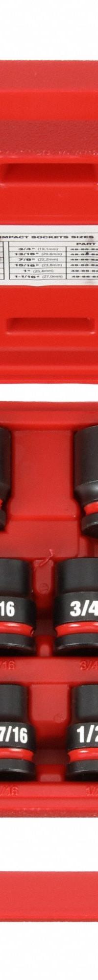 MILWAUKEE Impact Socket Set: 1/2 in Drive Size, Small Set (0-50 pieces) Set Size, 12 Pieces, 0, SAE (MPN 49-66-7010). Key specifications — attr1204251: MILWAUKEE; attr1215453: 1/2 in; attr1215454: 3/8 in to 1-1/16 in; attr1224229: Friction.
