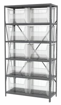 AKRO-MILS Bin Shelving: 36 in x 18 in x 79 in, 1 Sided, 12 Bins, Open, Stacking Bin, Clear (MPN AS187913017SC). Key specifications — Includes Bins: Yes; Bin Material: Polymer; Frame Color: Gray; Bin HxWxD: (12) 12-7/16 in x 19-7/8 in x 15-1/4 in; Frame Material: Steel; Bin Color: Clear; Brand: AKRO-MILS.